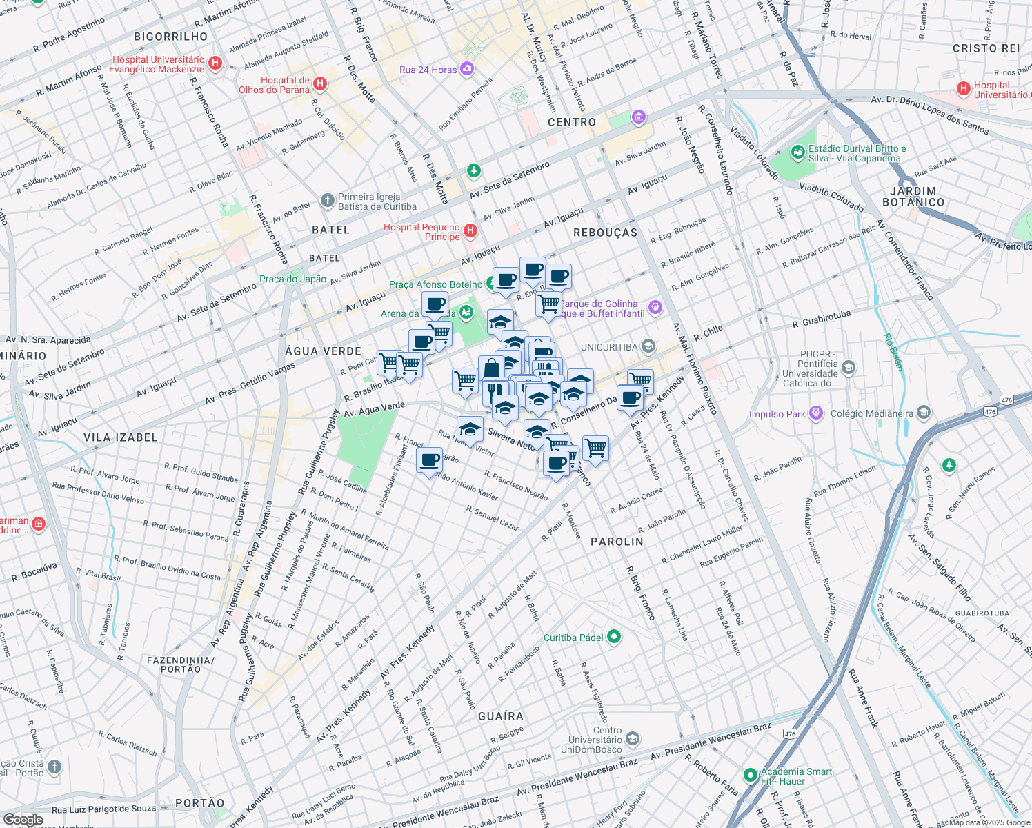 map of restaurants, bars, coffee shops, grocery stores, and more near 225 Avenida Água Verde in Curitiba