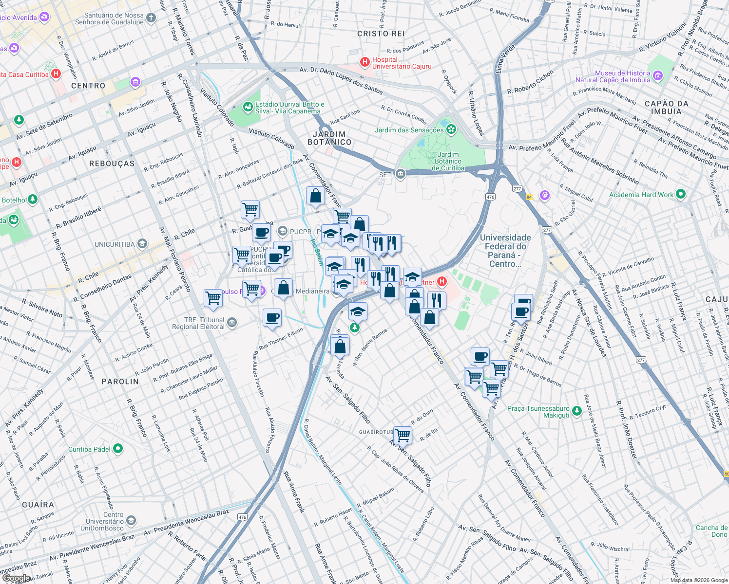map of restaurants, bars, coffee shops, grocery stores, and more near 812-820 Rua Plácido de Castro in Curitiba