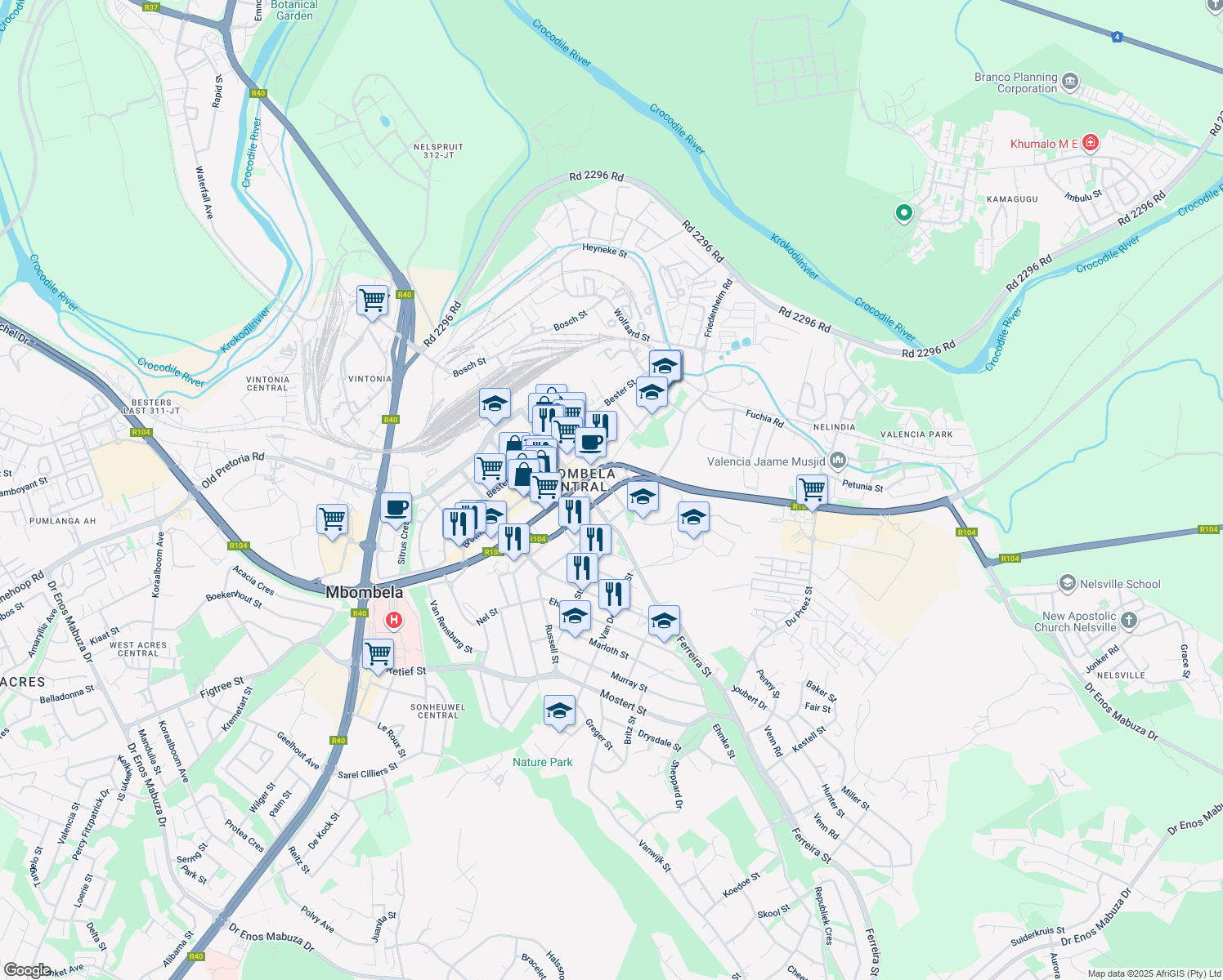 map of restaurants, bars, coffee shops, grocery stores, and more near Cameron Street in Nelspruit
