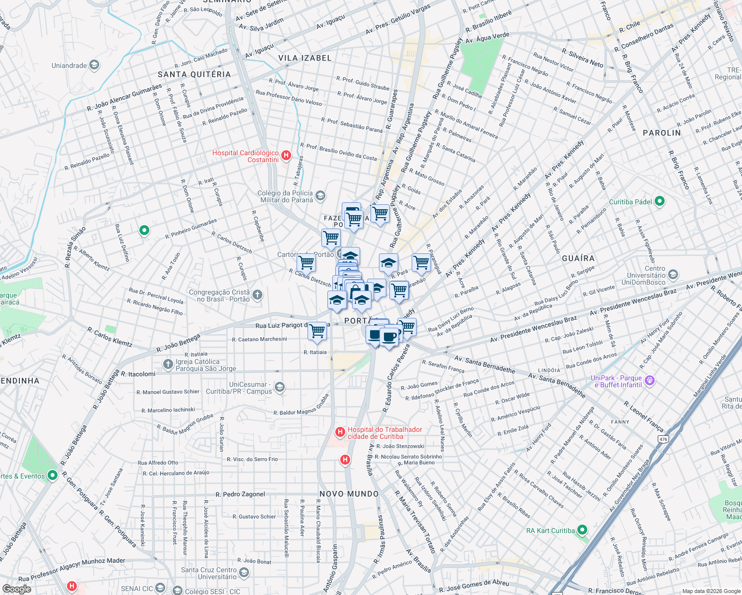 map of restaurants, bars, coffee shops, grocery stores, and more near 2176 Rua Maranhão in Curitiba