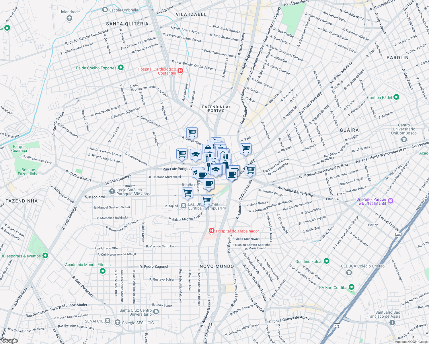 map of restaurants, bars, coffee shops, grocery stores, and more near 215 Rua Calixto Razolini in Curitiba