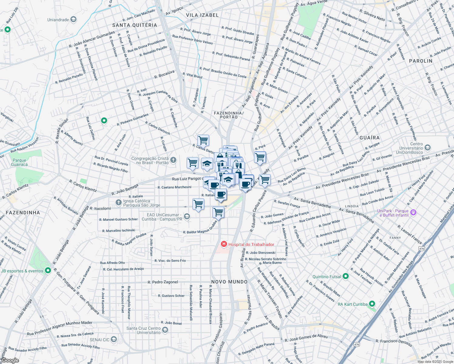 map of restaurants, bars, coffee shops, grocery stores, and more near 215 Rua Calixto Razolini in Curitiba