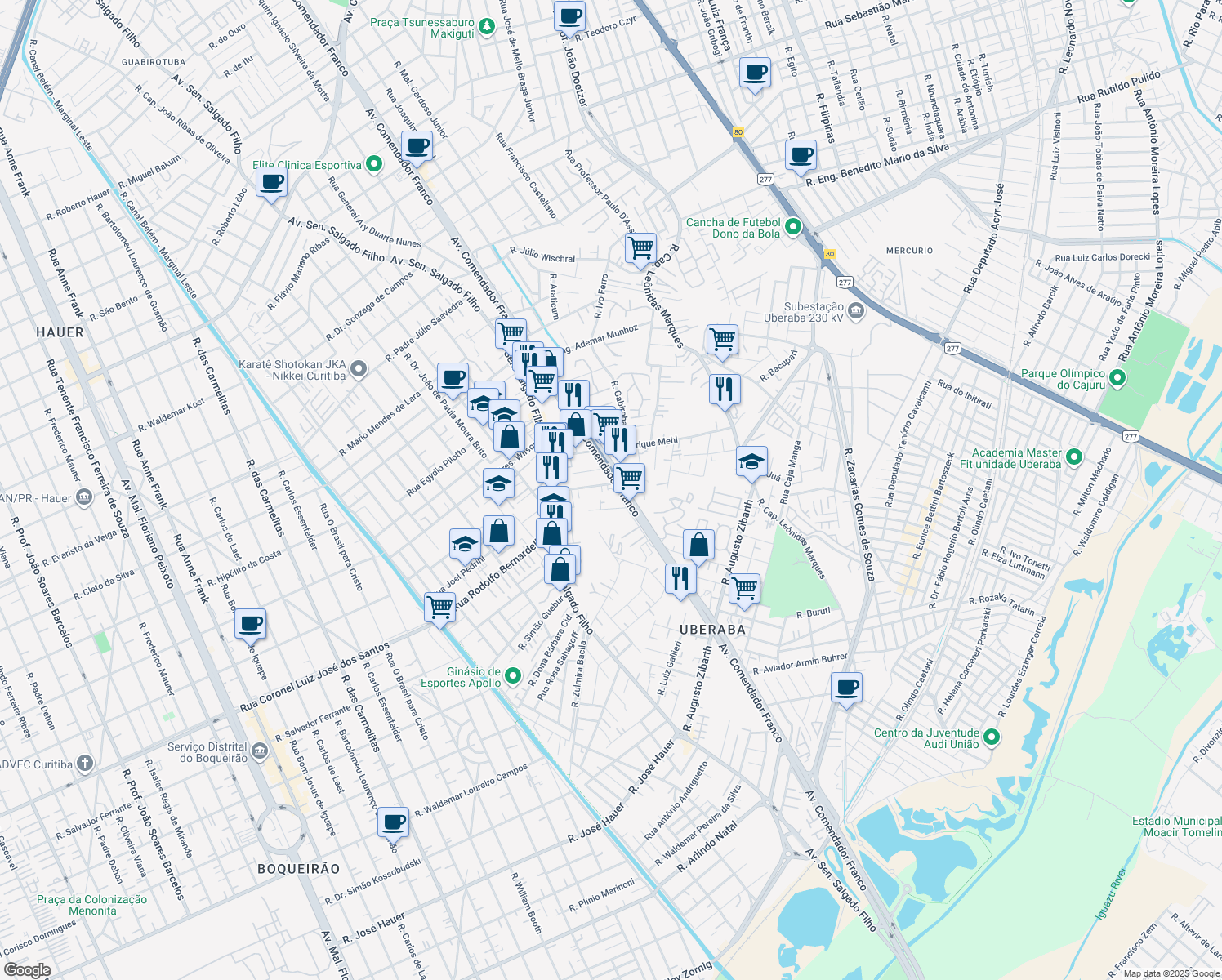 map of restaurants, bars, coffee shops, grocery stores, and more near 6400 Avenida Comendador Franco in Curitiba