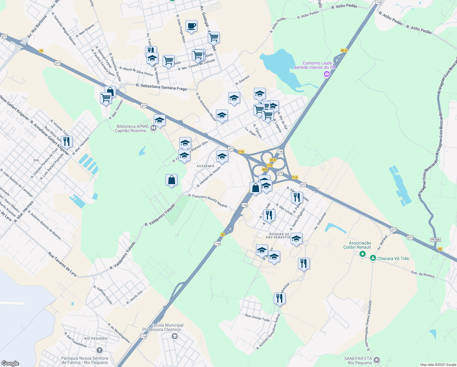 map of restaurants, bars, coffee shops, grocery stores, and more near 625 Rua Francisco Munõz Madrid in São José dos Pinhais