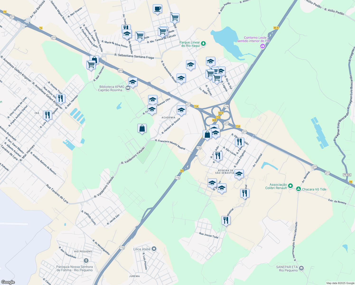 map of restaurants, bars, coffee shops, grocery stores, and more near 625 Rua Francisco Munõz Madrid in São José dos Pinhais