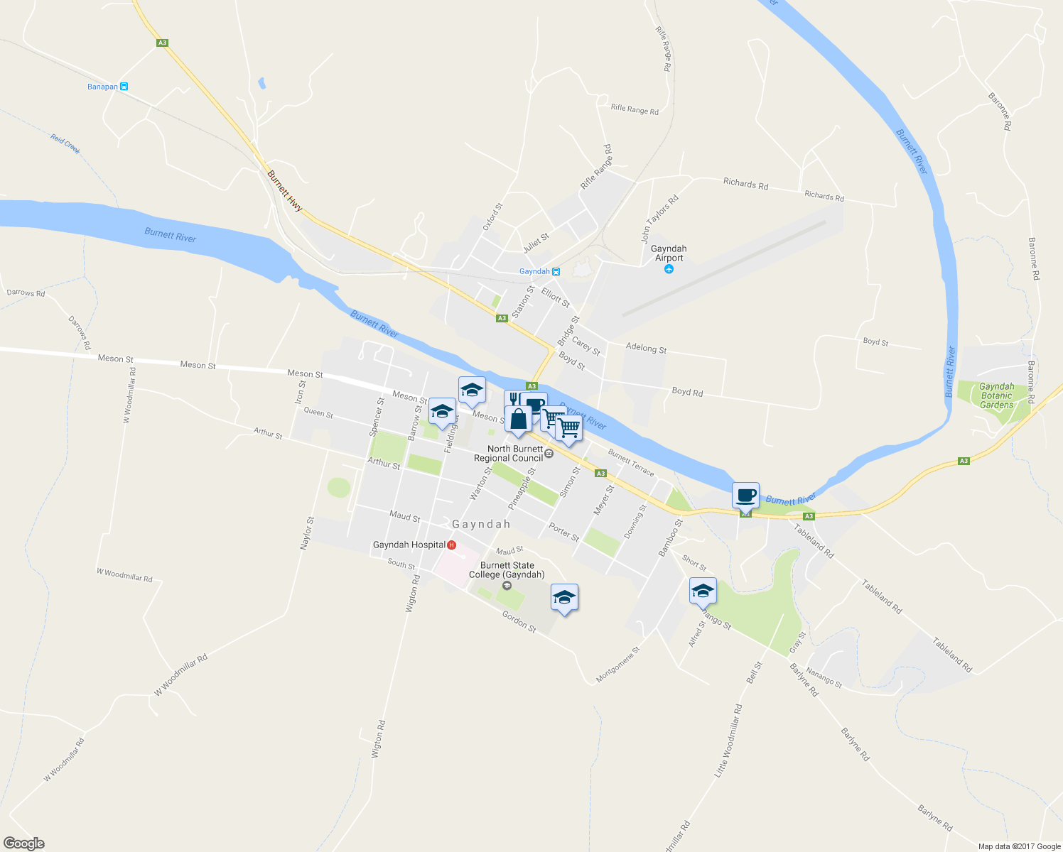 map of restaurants, bars, coffee shops, grocery stores, and more near 21 Capper Street in Gayndah