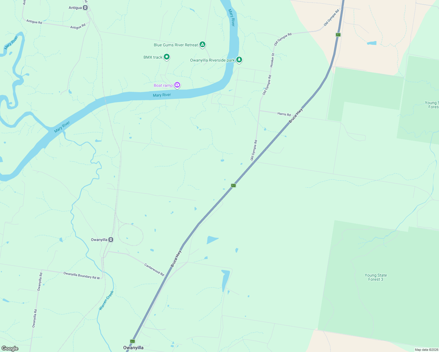 map of restaurants, bars, coffee shops, grocery stores, and more near LOT 1307 Bruce Highway in Owanyilla