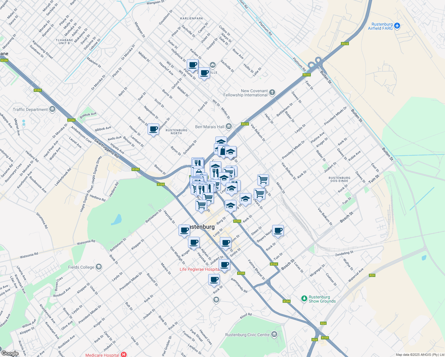 map of restaurants, bars, coffee shops, grocery stores, and more near 109 Klopper Street in Rustenburg