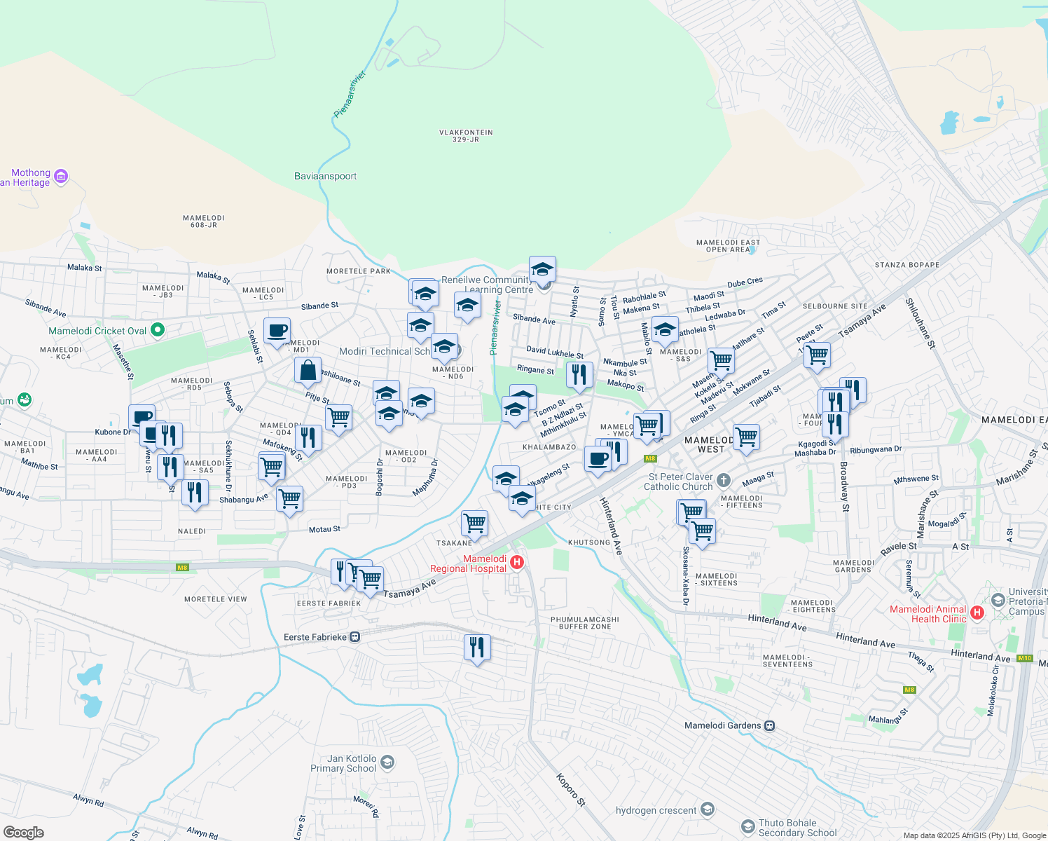 map of restaurants, bars, coffee shops, grocery stores, and more near Tsomo Street in Pretoria