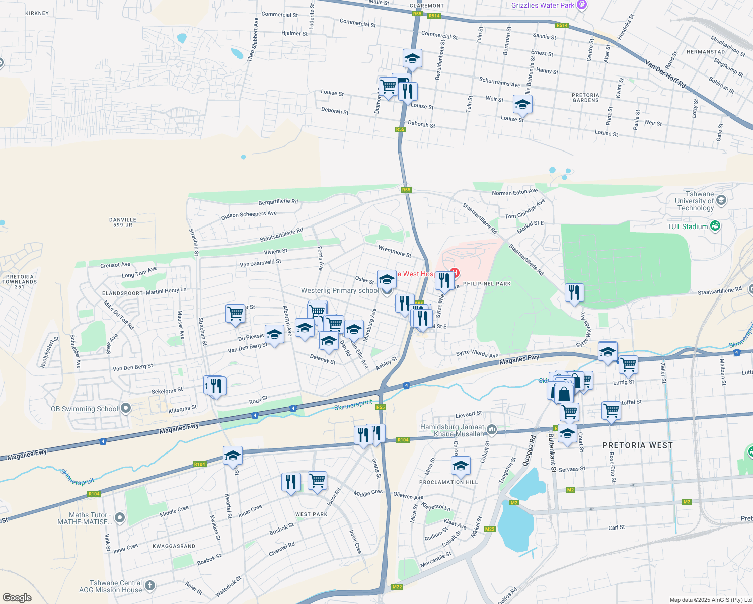 map of restaurants, bars, coffee shops, grocery stores, and more near Brewis Street in Pretoria