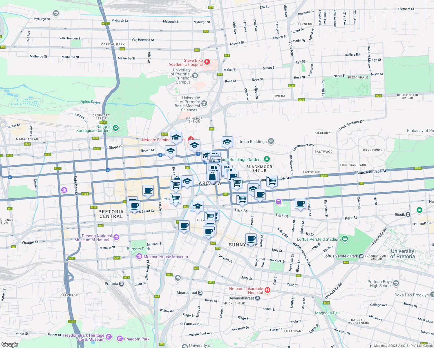 map of restaurants, bars, coffee shops, grocery stores, and more near 505 Madiba Street in Pretoria