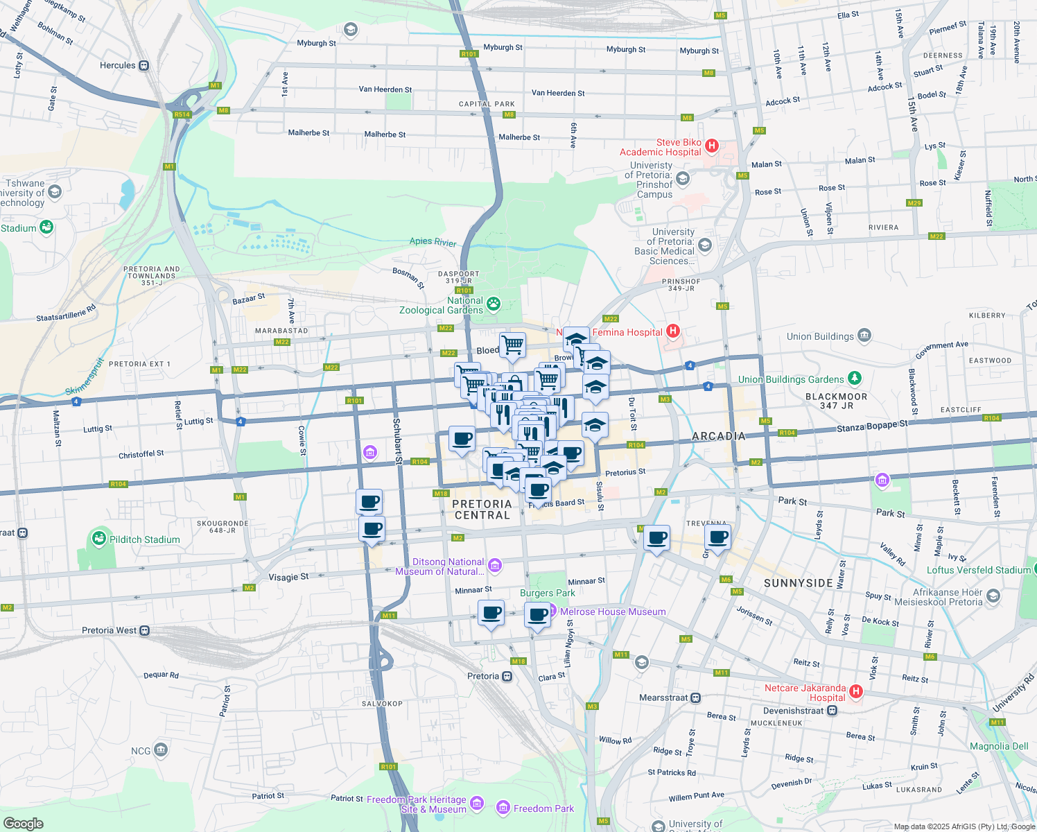 map of restaurants, bars, coffee shops, grocery stores, and more near 142 Thabo Sehume Street in Pretoria