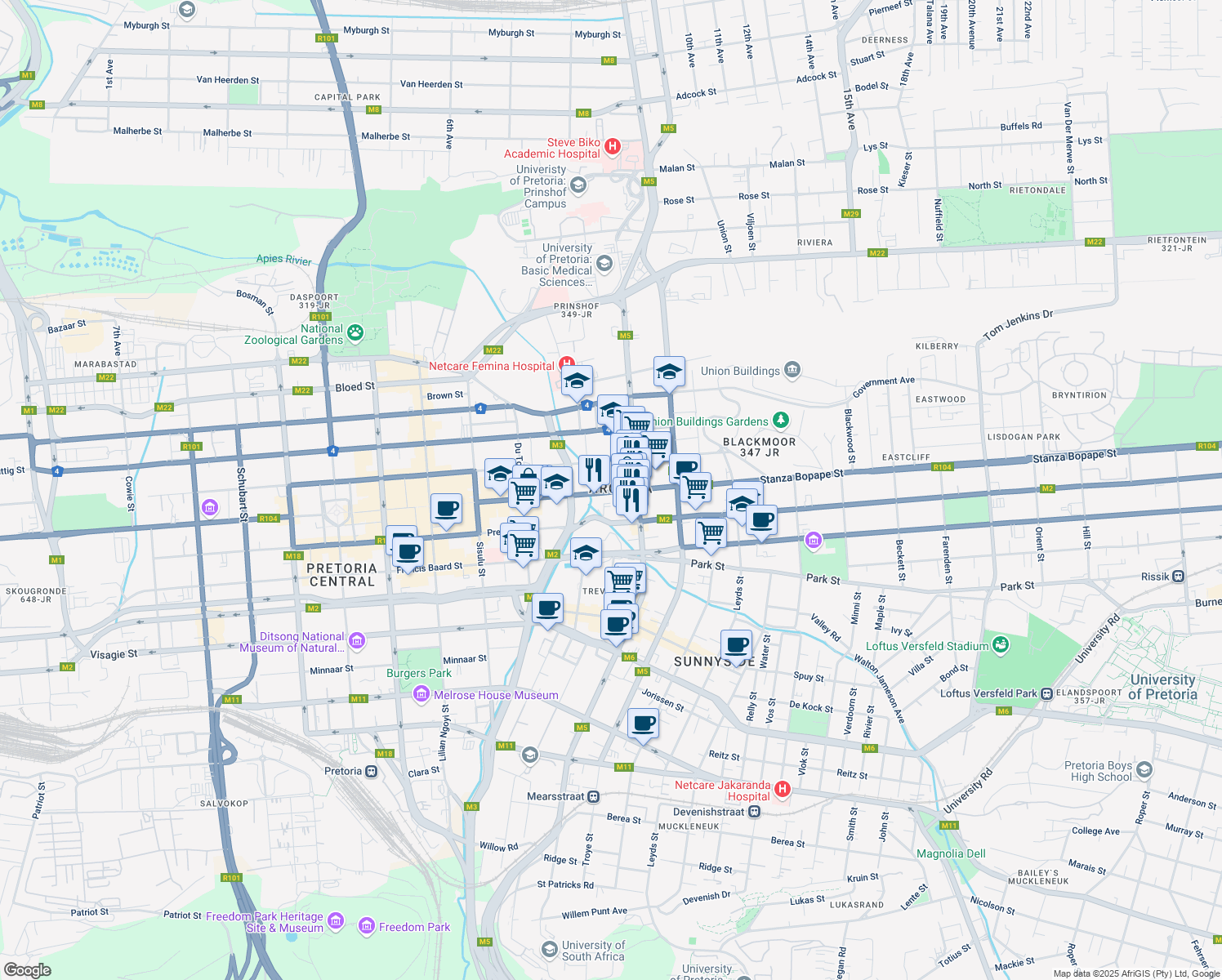 map of restaurants, bars, coffee shops, grocery stores, and more near 472 Stanza Bopape Street in Pretoria