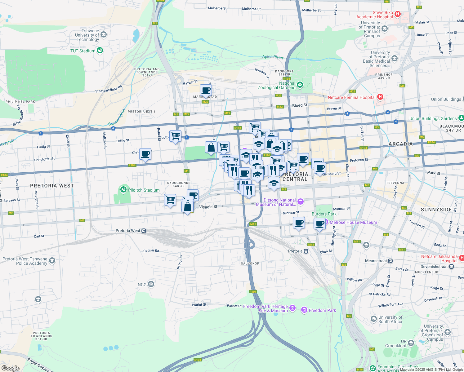 map of restaurants, bars, coffee shops, grocery stores, and more near 11 Francis Baard Street in Pretoria