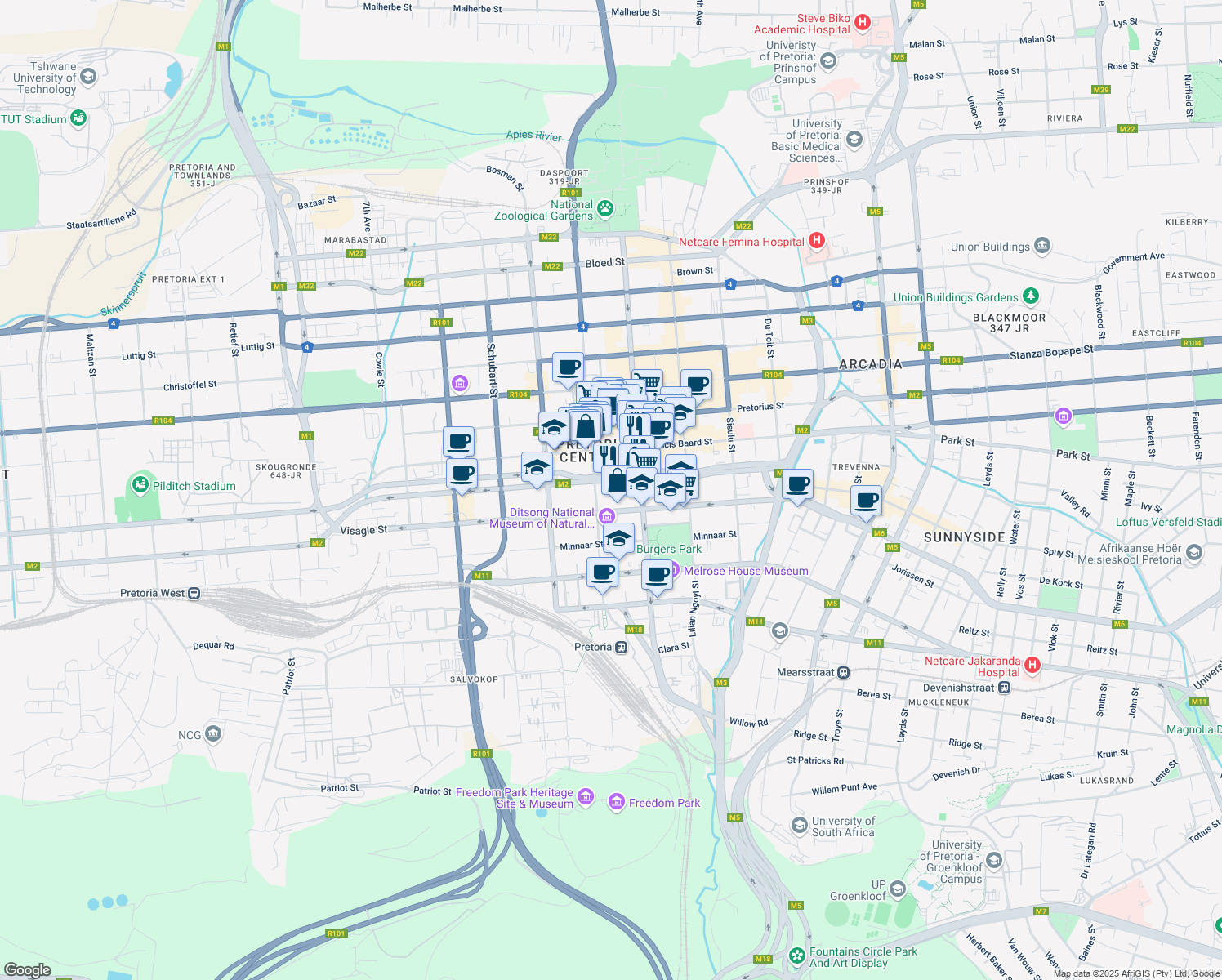 map of restaurants, bars, coffee shops, grocery stores, and more near 211 Nana Sita Street in Pretoria