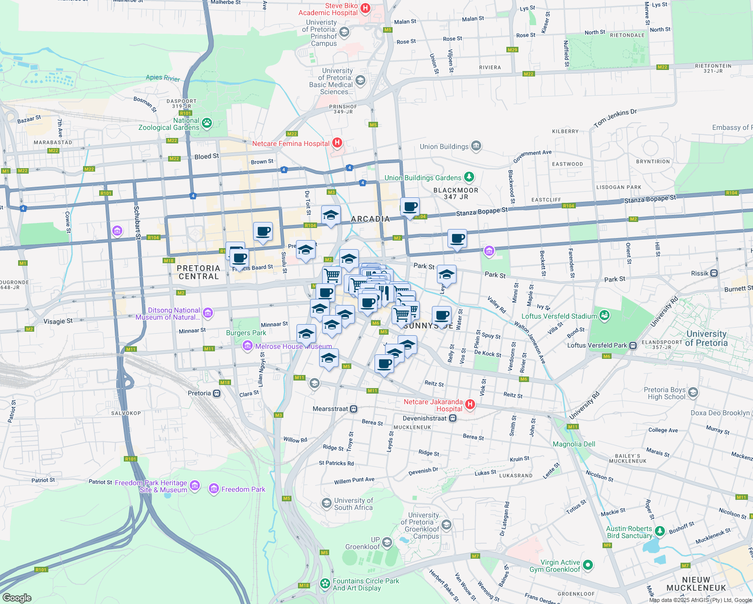map of restaurants, bars, coffee shops, grocery stores, and more near Esselen Street in Pretoria