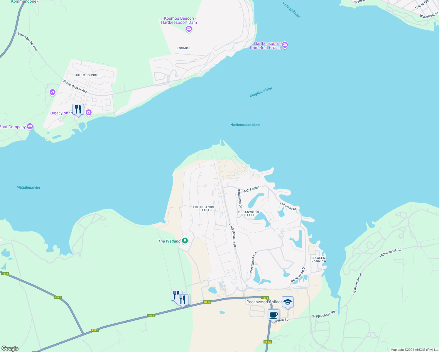 map of restaurants, bars, coffee shops, grocery stores, and more near Key West Drive in Hartbeespoort