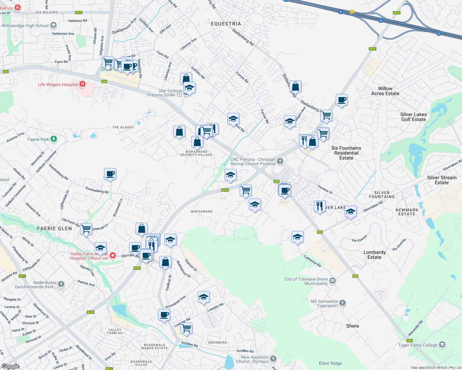 map of restaurants, bars, coffee shops, grocery stores, and more near 1051 Solomon Mahlangu Drive in Pretoria
