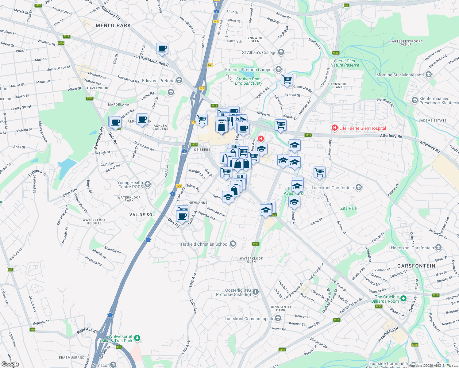 map of restaurants, bars, coffee shops, grocery stores, and more near 322 Garsfontein Road in Pretoria
