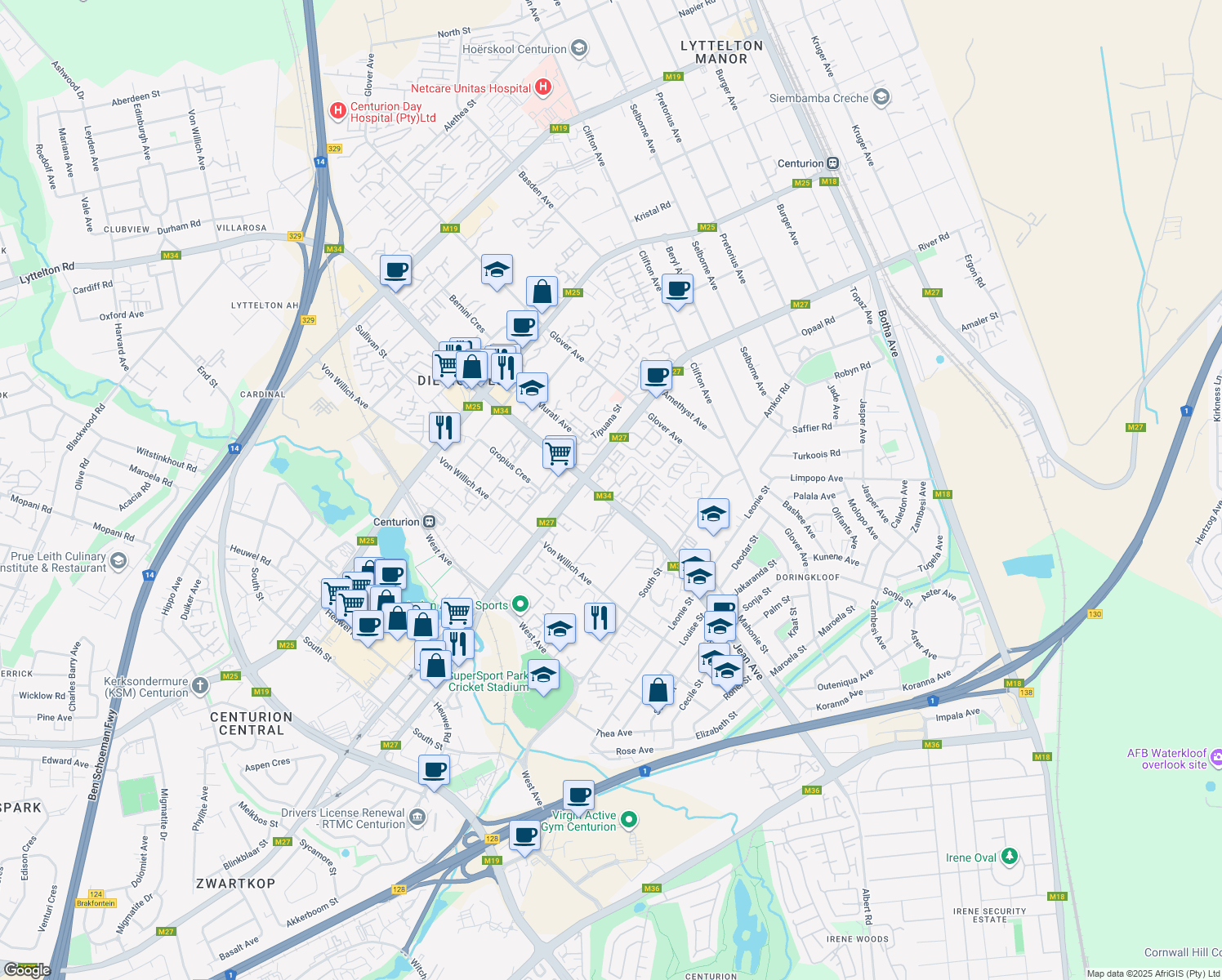 map of restaurants, bars, coffee shops, grocery stores, and more near 269 Jean Avenue in Centurion