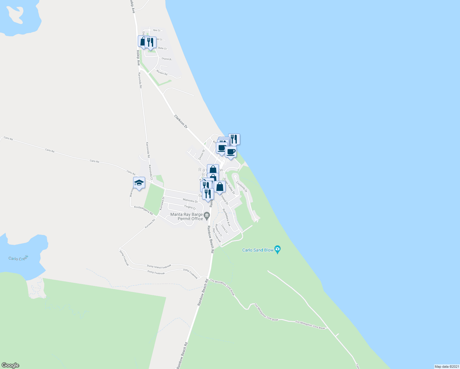 map of restaurants, bars, coffee shops, grocery stores, and more near 15 Green Valley Drive in Rainbow Beach