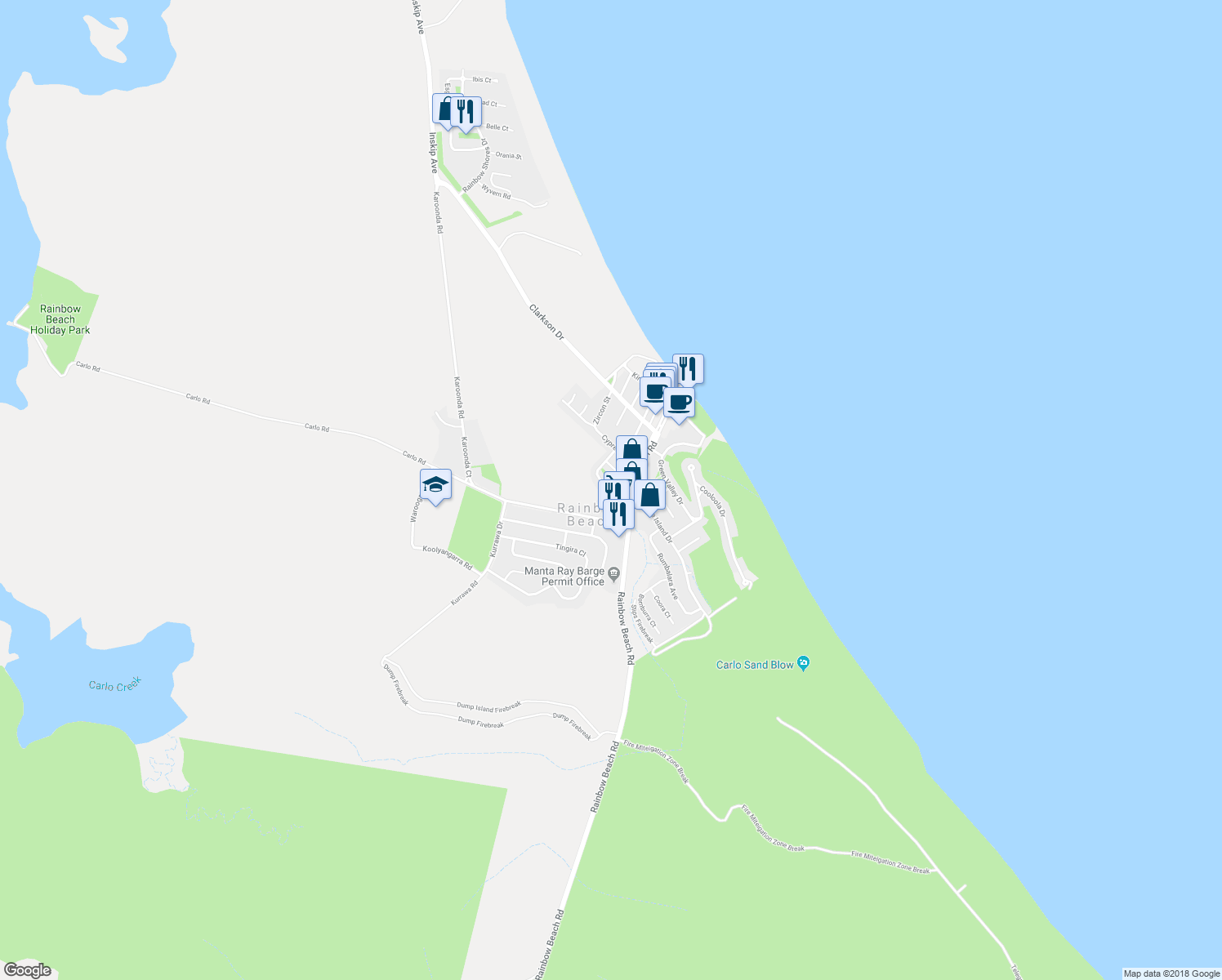 map of restaurants, bars, coffee shops, grocery stores, and more near 13 Kurana Street in Rainbow Beach