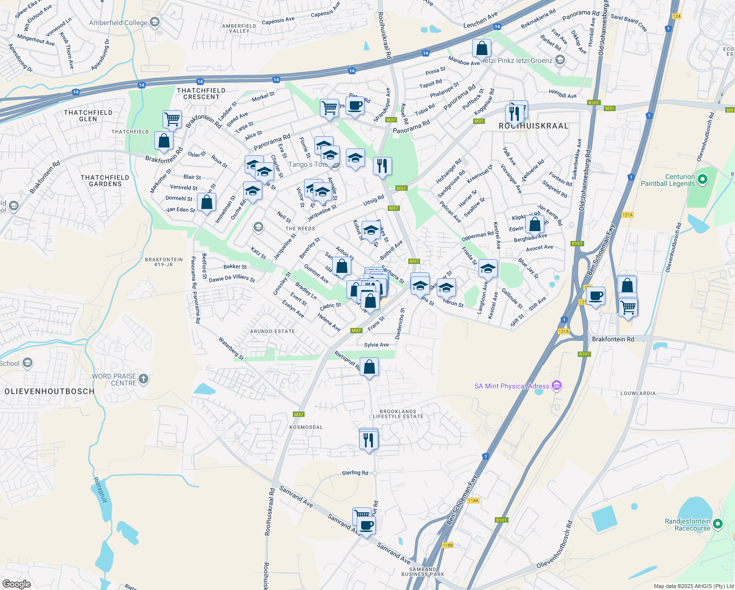 map of restaurants, bars, coffee shops, grocery stores, and more near Shop No. 47, Blu Valley Mall Bothrill Street in Centurion