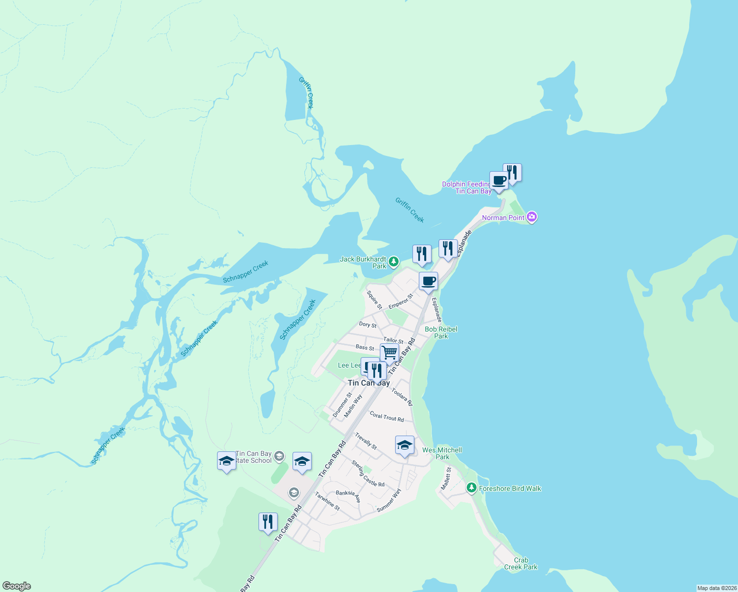map of restaurants, bars, coffee shops, grocery stores, and more near 6 Squire Street in Tin Can Bay