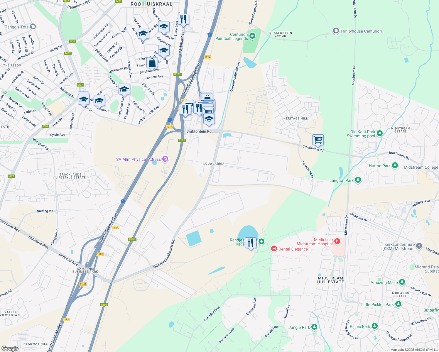 map of restaurants, bars, coffee shops, grocery stores, and more near 60 Olievenhoutbosch Avenue in Centurion