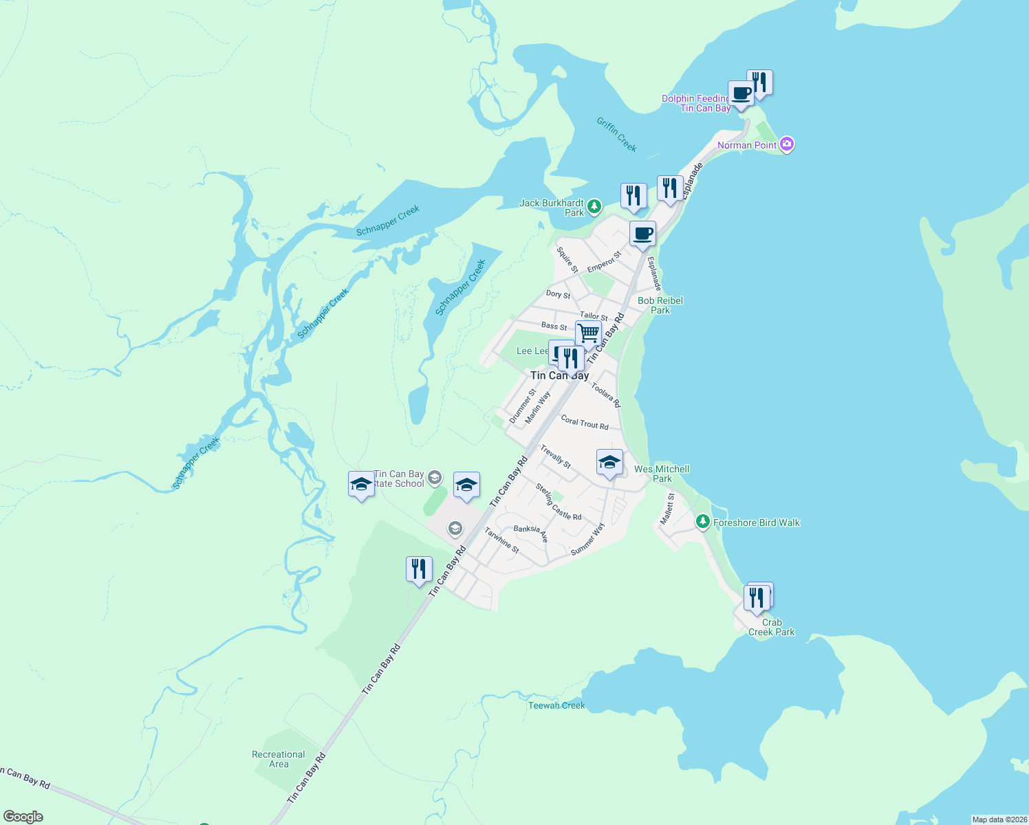 map of restaurants, bars, coffee shops, grocery stores, and more near 28 Drummer Street in Tin Can Bay
