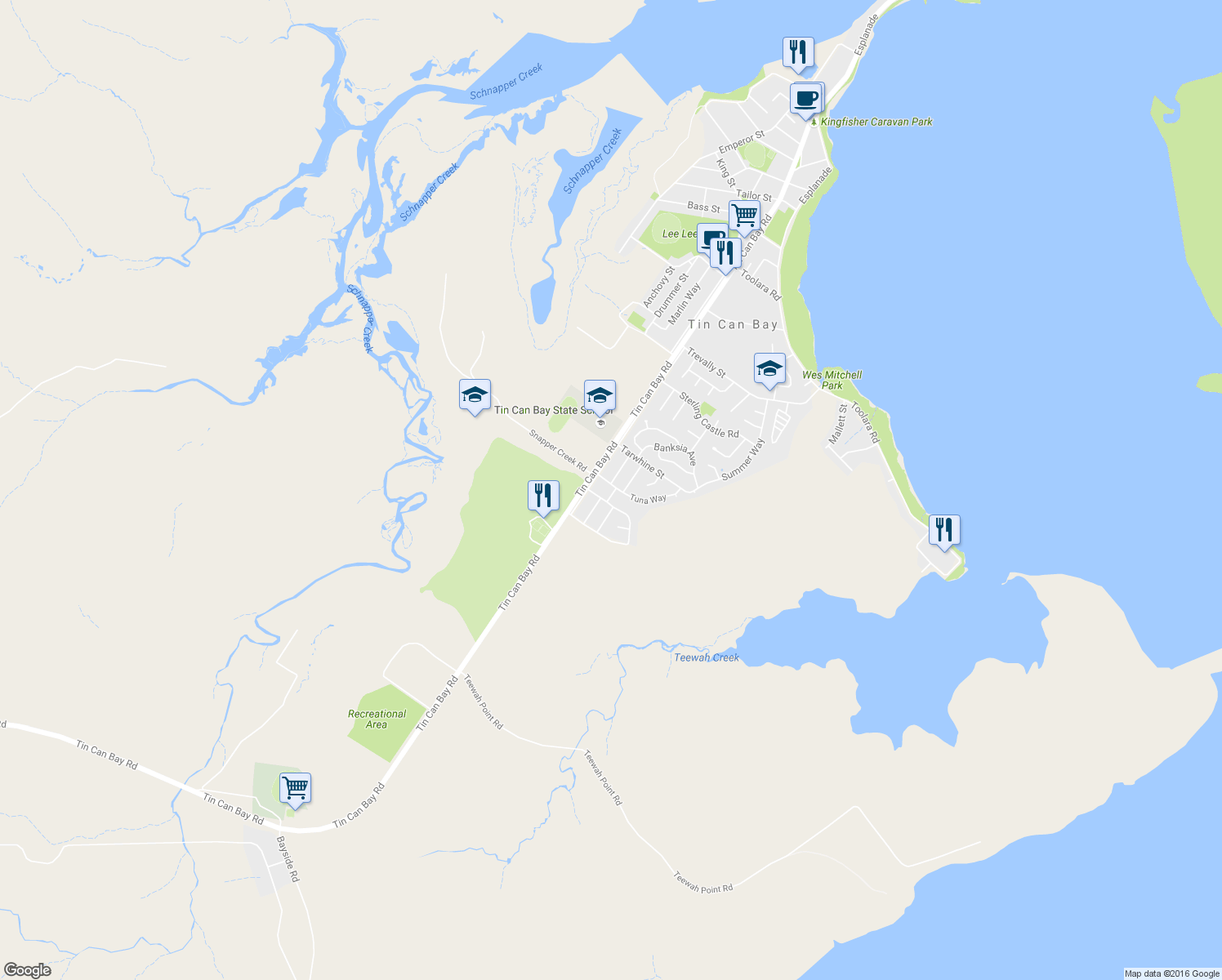 map of restaurants, bars, coffee shops, grocery stores, and more near 10 Tuna Way in Tin Can Bay