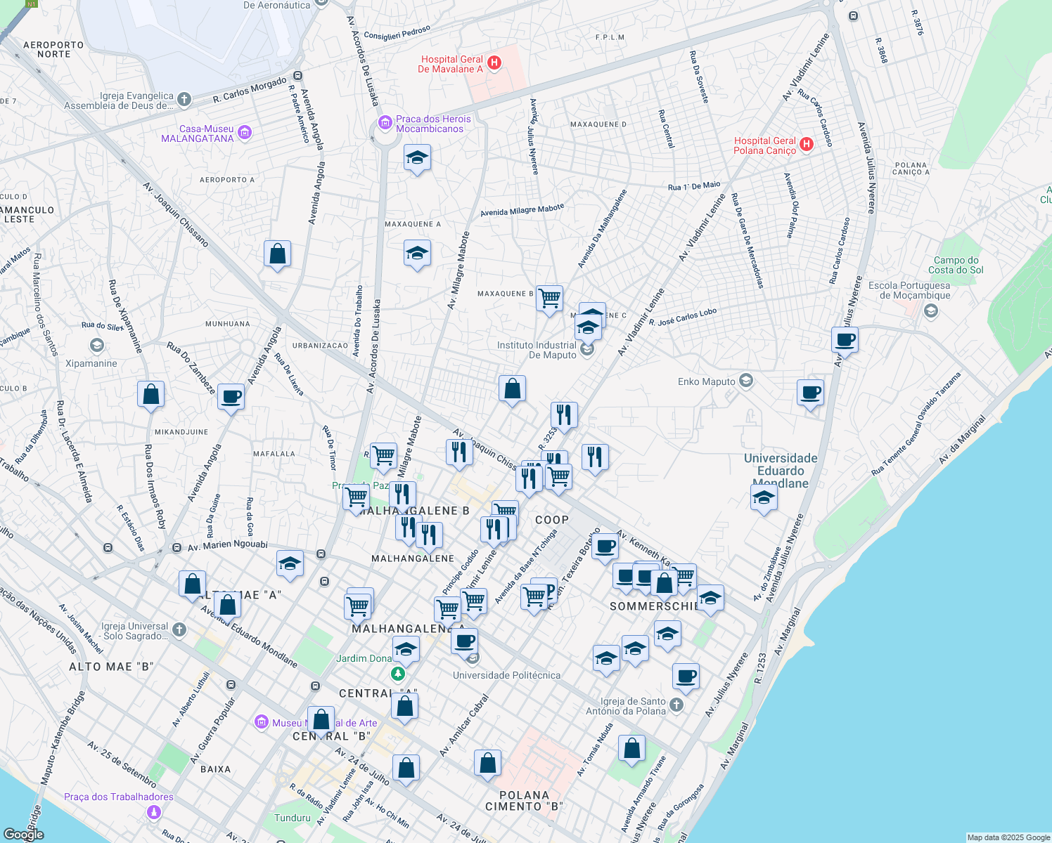 map of restaurants, bars, coffee shops, grocery stores, and more near Emilia Dausse in Maputo