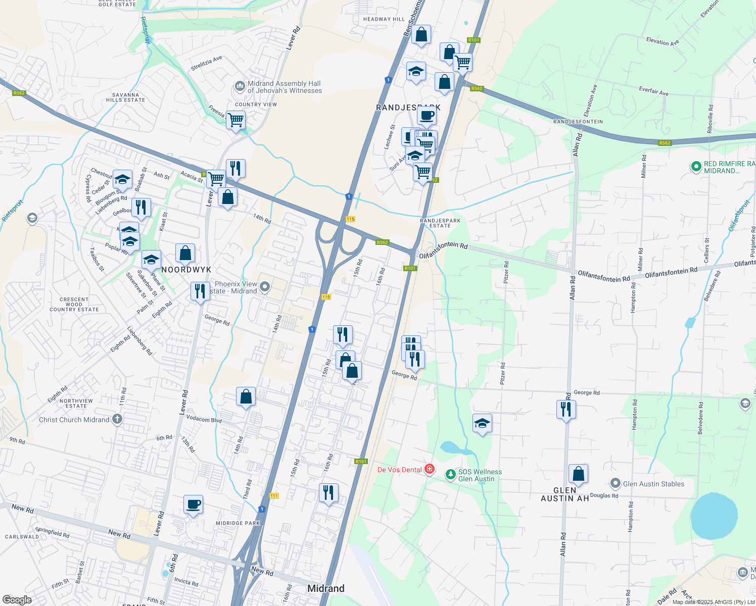map of restaurants, bars, coffee shops, grocery stores, and more near 0C 16th Road in Midrand