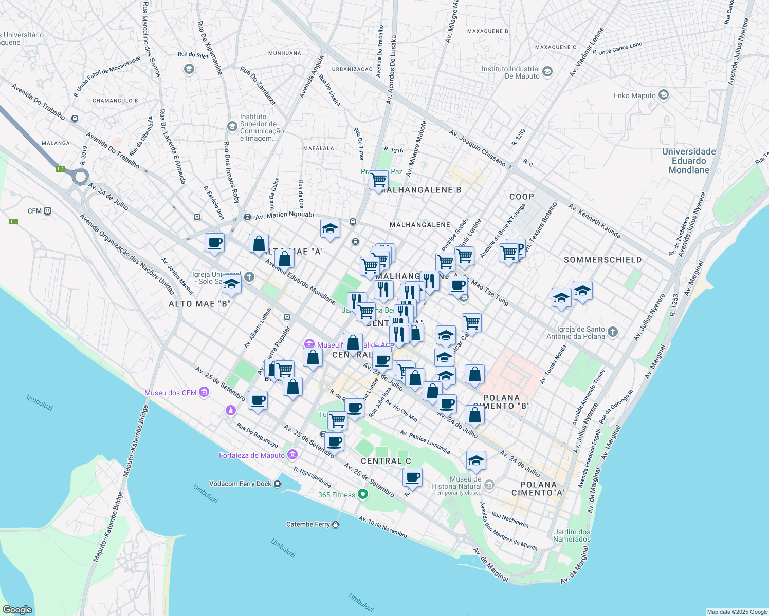 map of restaurants, bars, coffee shops, grocery stores, and more near Avenida Olof Palme in Maputo