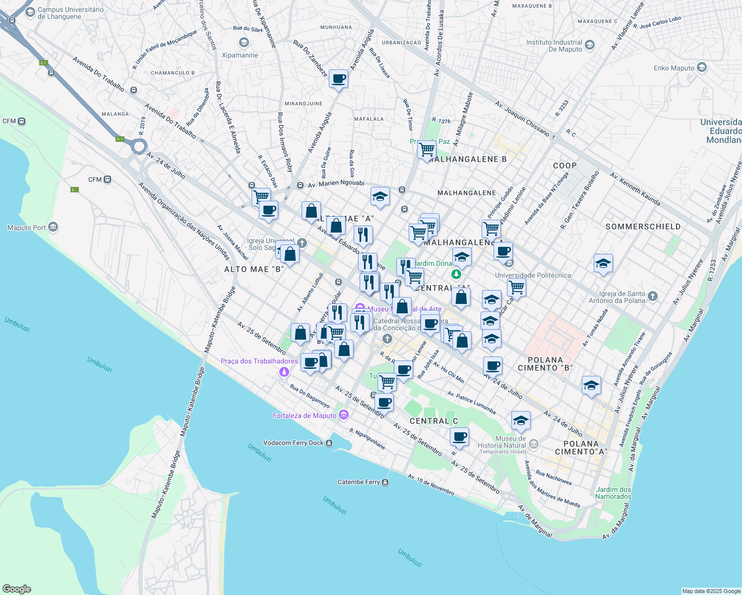 map of restaurants, bars, coffee shops, grocery stores, and more near Avenida 24 de Julho in Maputo