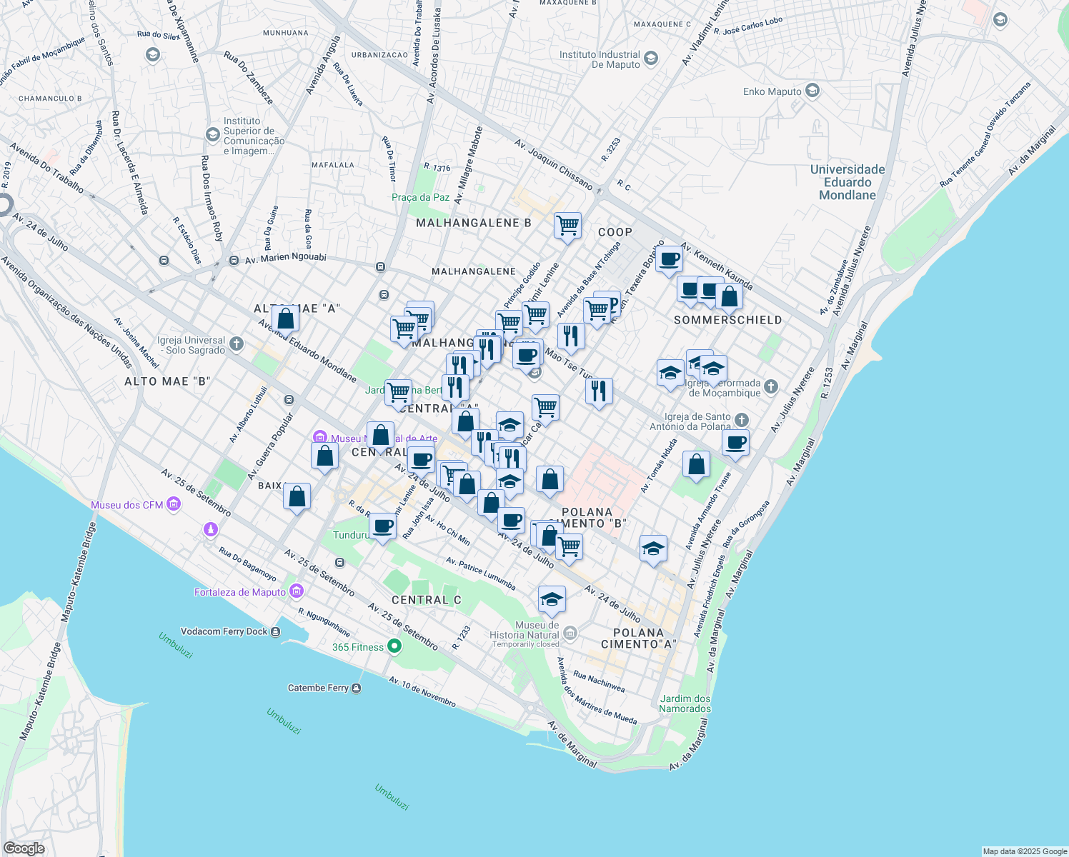 map of restaurants, bars, coffee shops, grocery stores, and more near Avenida Amilcar Cabral in Maputo