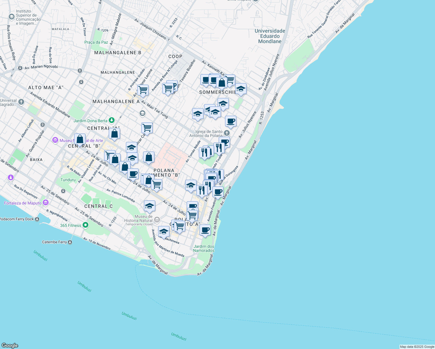 map of restaurants, bars, coffee shops, grocery stores, and more near Avenida Julius Nyerere in Maputo
