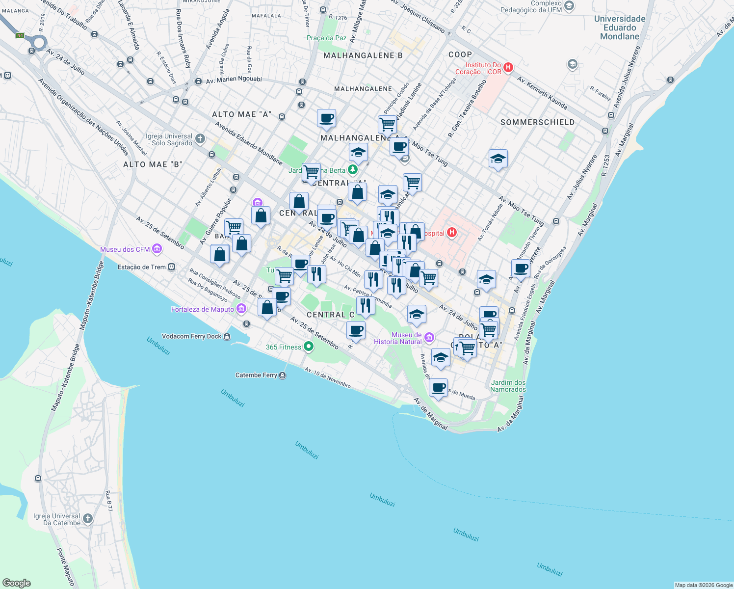 map of restaurants, bars, coffee shops, grocery stores, and more near Avenida Patrice Lumumba in Maputo