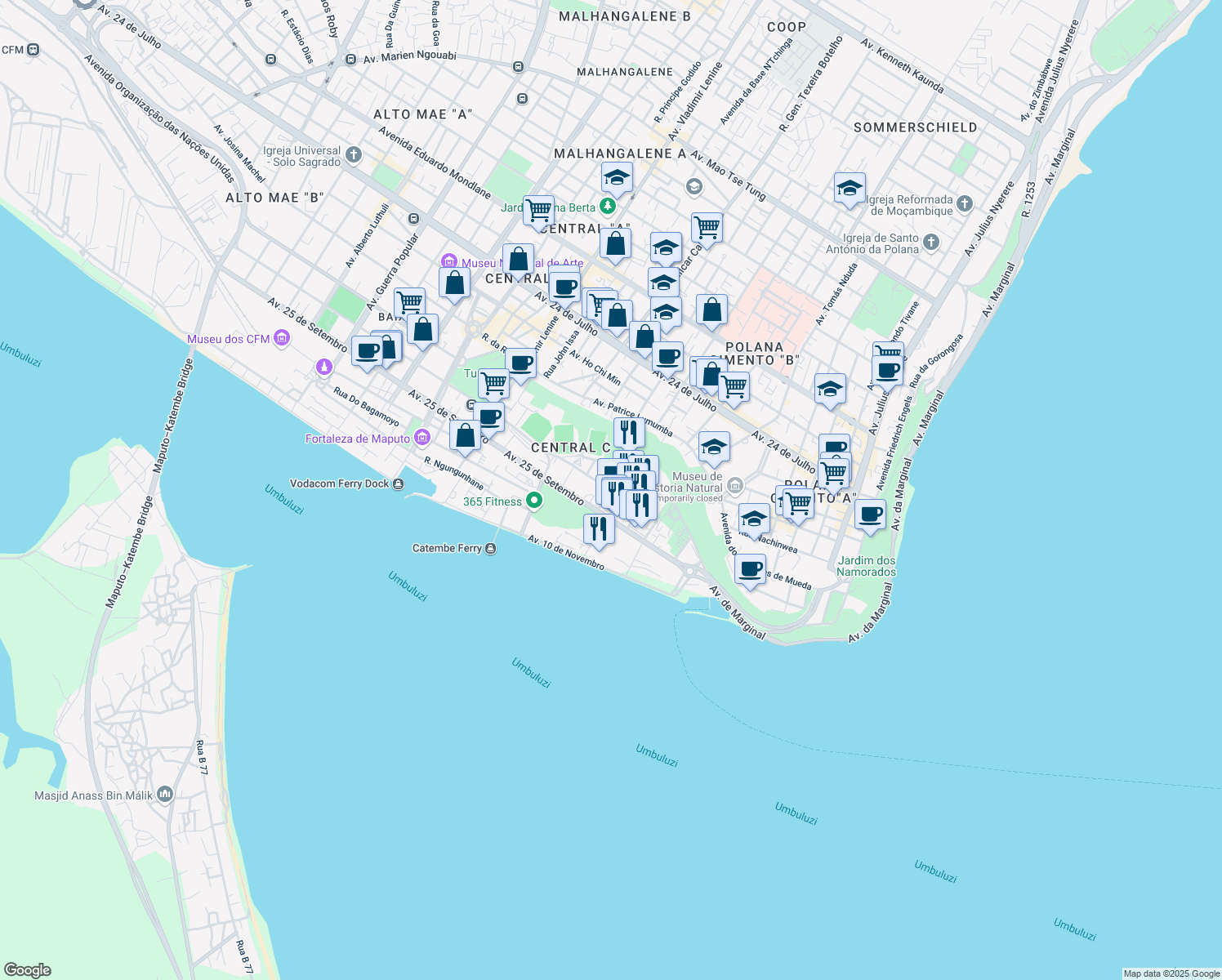 map of restaurants, bars, coffee shops, grocery stores, and more near Avenida do Presidente Carmona in Maputo