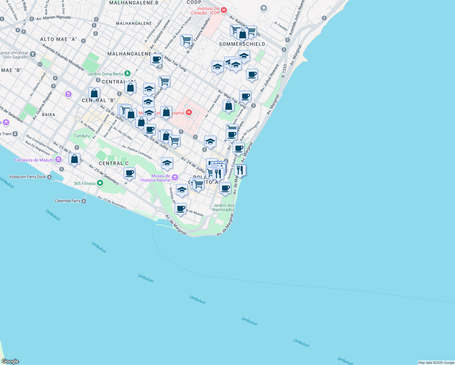 map of restaurants, bars, coffee shops, grocery stores, and more near Avenida Friedrich Engels in Maputo