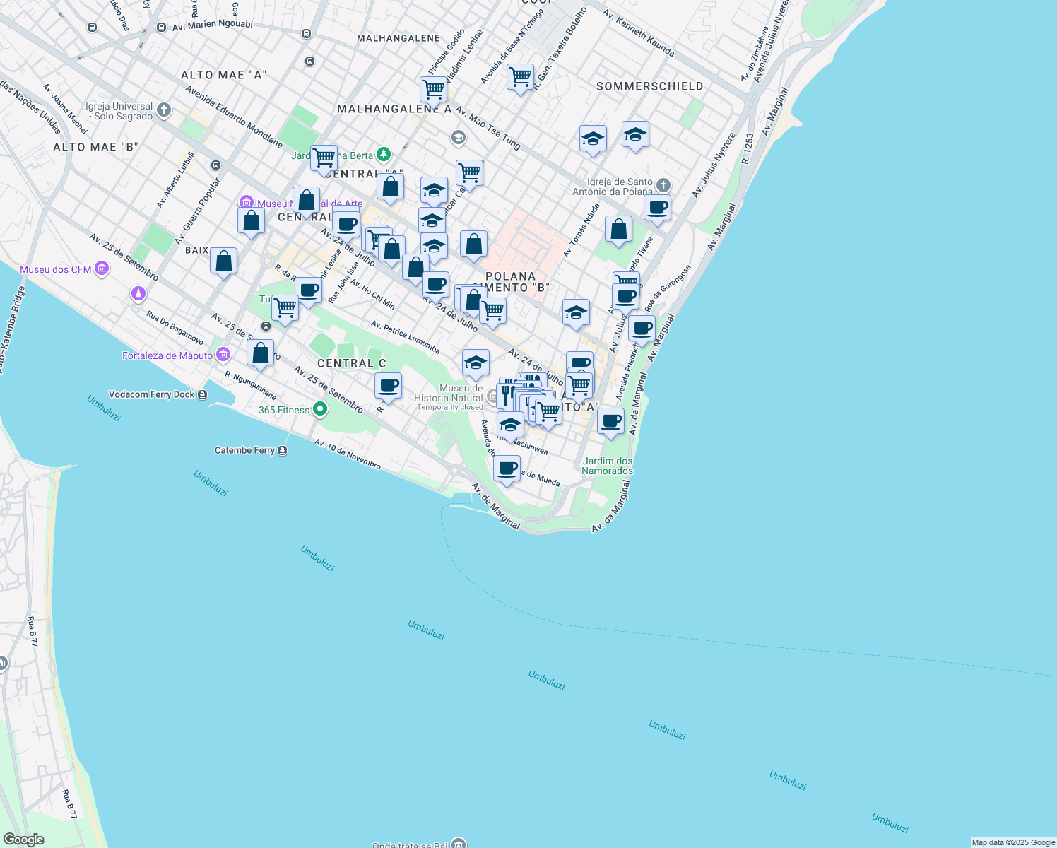 map of restaurants, bars, coffee shops, grocery stores, and more near Rua Mateus Sansao Muthemba in Maputo