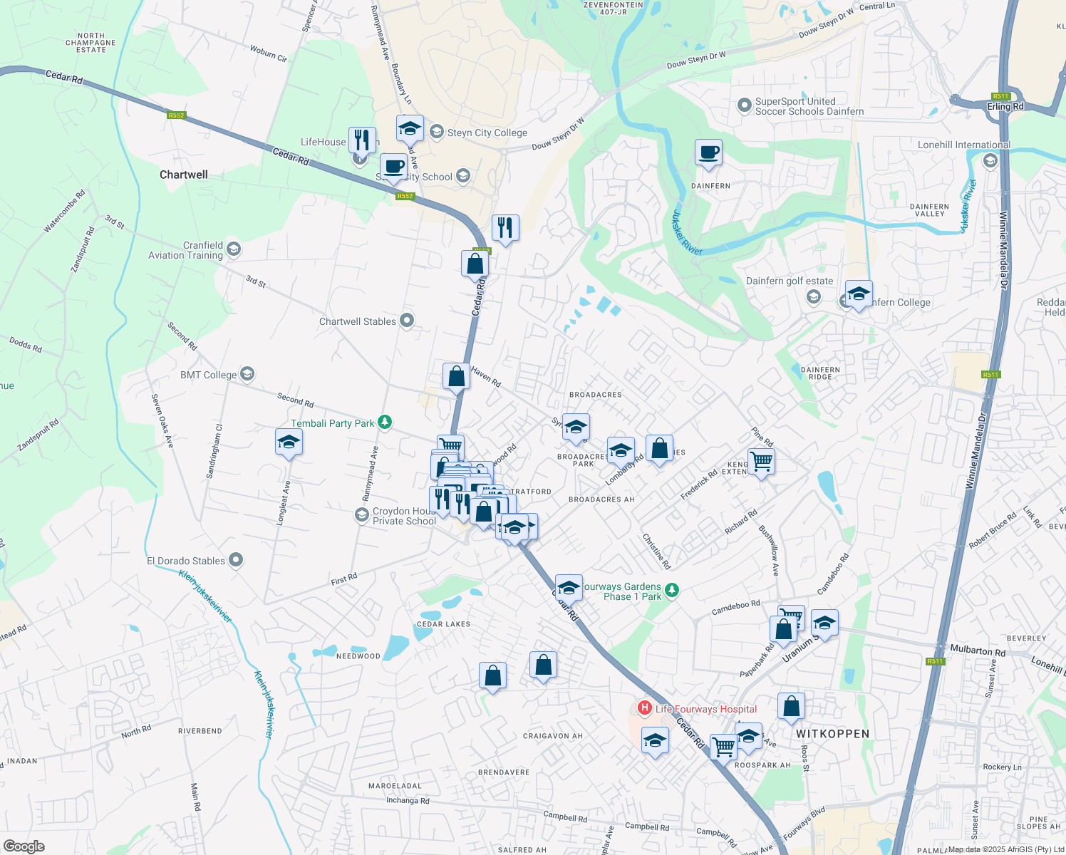 map of restaurants, bars, coffee shops, grocery stores, and more near 4 Poplar Avenue in Sandton