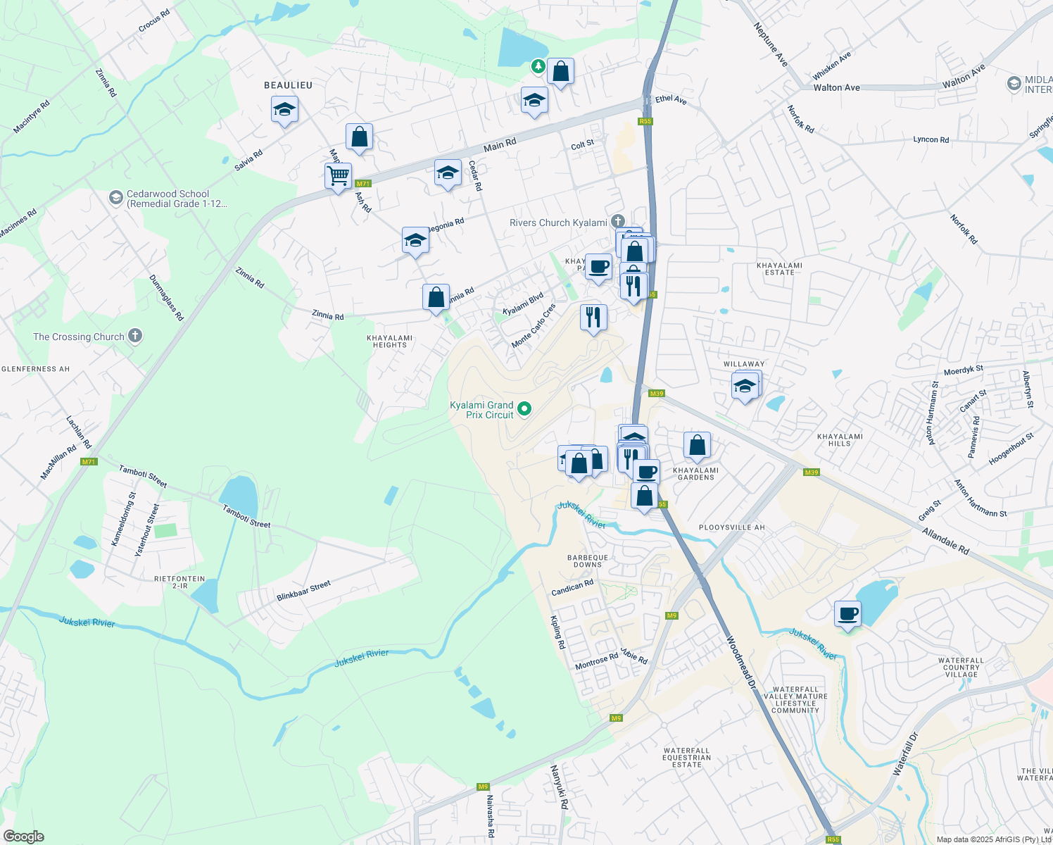 map of restaurants, bars, coffee shops, grocery stores, and more near Allandale Road in Midrand
