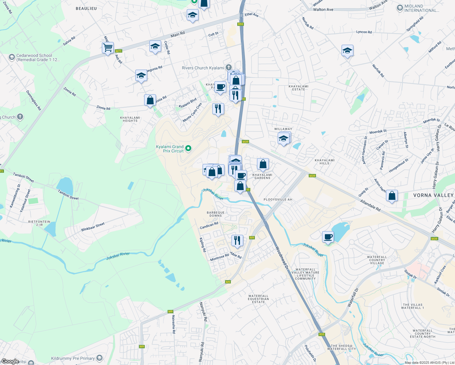 map of restaurants, bars, coffee shops, grocery stores, and more near Dytchley Road in Midrand