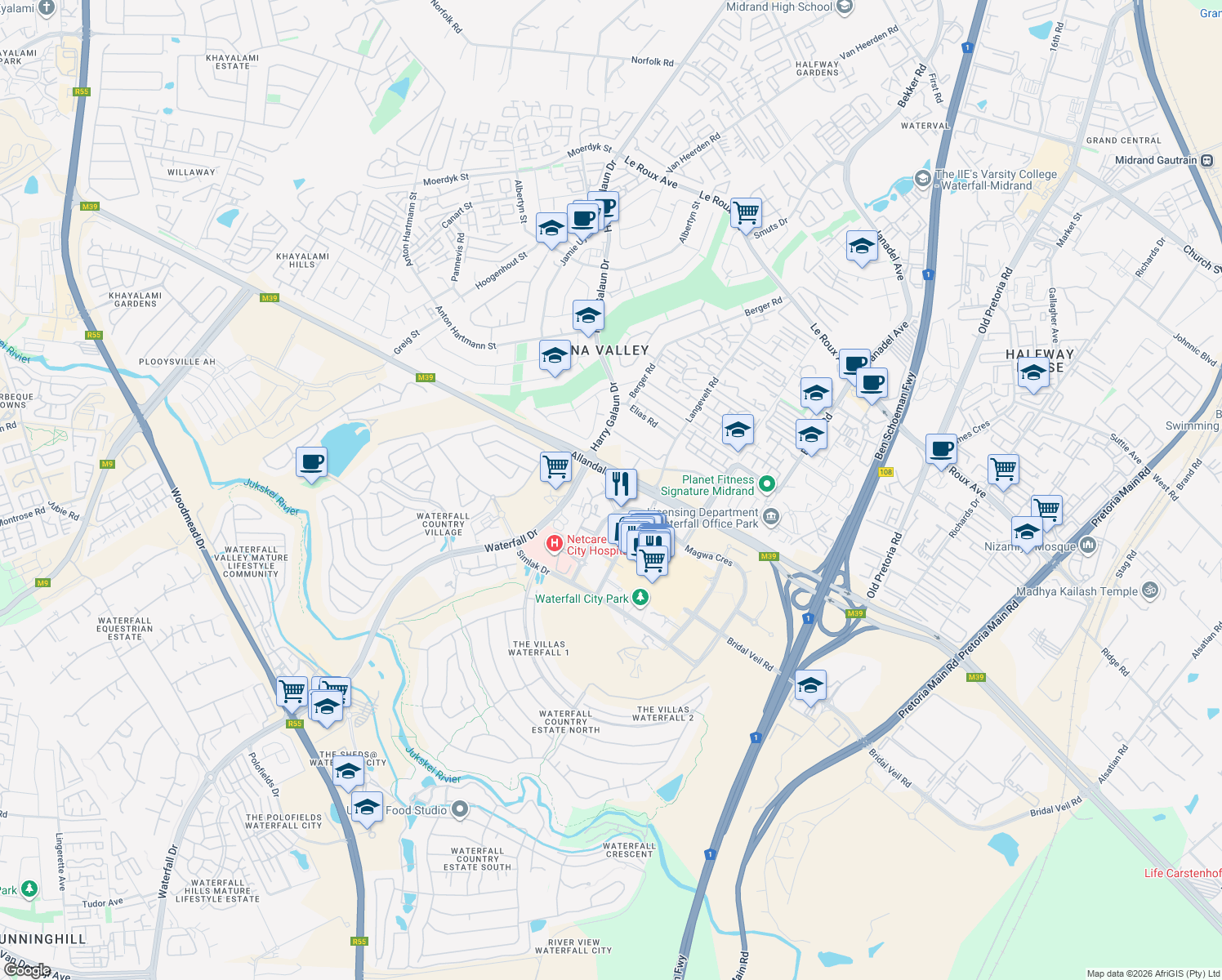 map of restaurants, bars, coffee shops, grocery stores, and more near 23 Magwa Crescent in Midrand