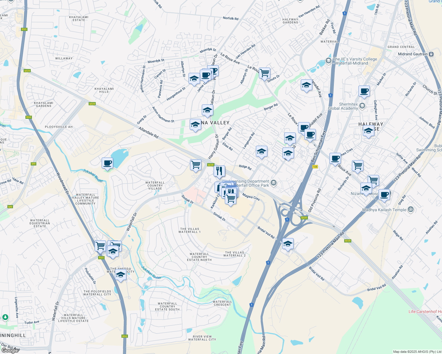 map of restaurants, bars, coffee shops, grocery stores, and more near 5 Magwa Crescent in Midrand