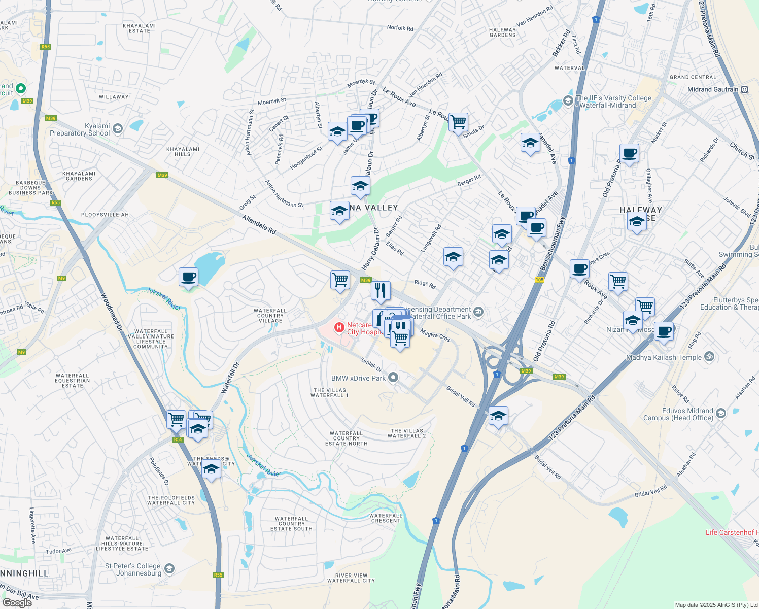 map of restaurants, bars, coffee shops, grocery stores, and more near 23 Magwa Crescent in Midrand