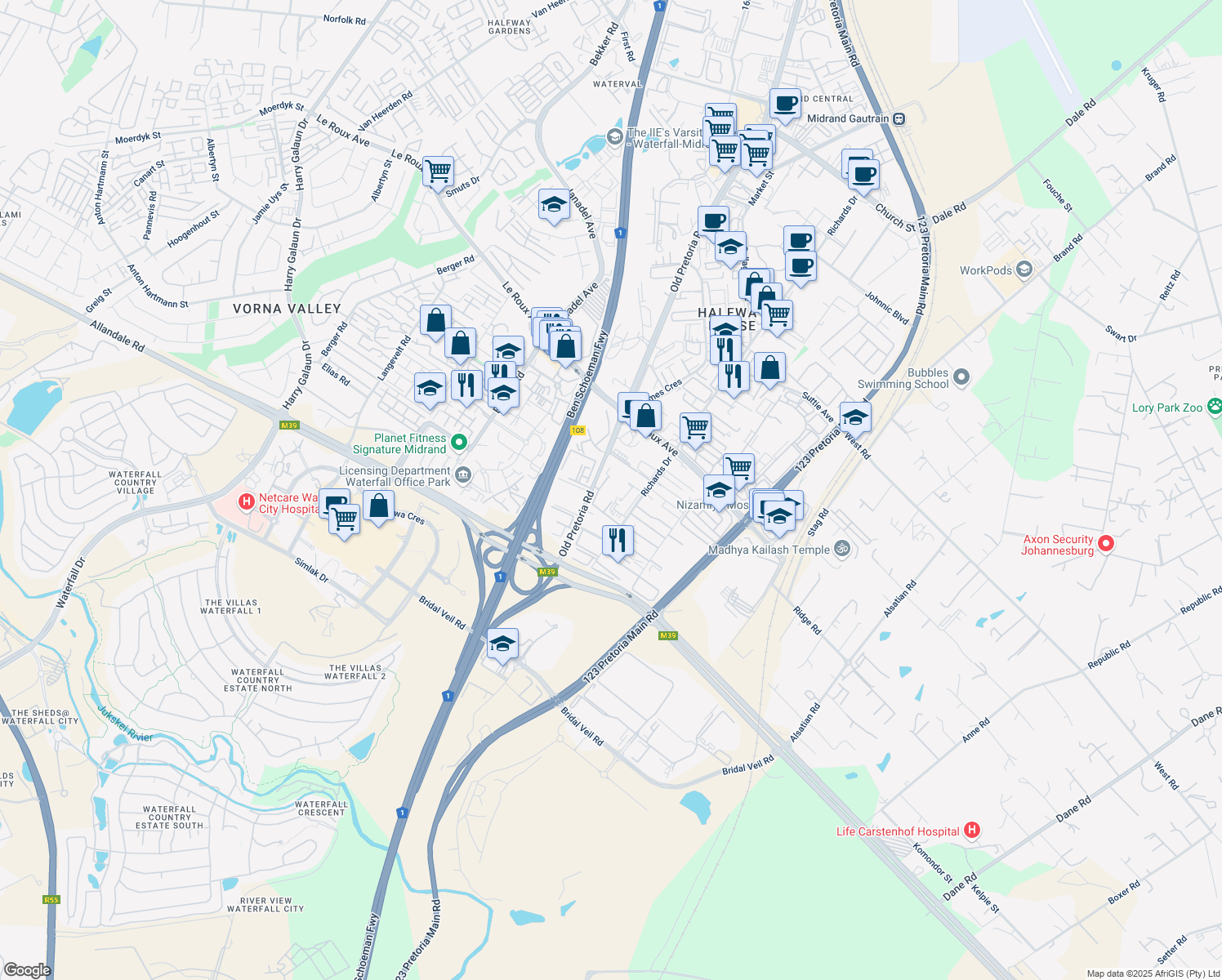 map of restaurants, bars, coffee shops, grocery stores, and more near 342 Old Pretoria Road in Midrand