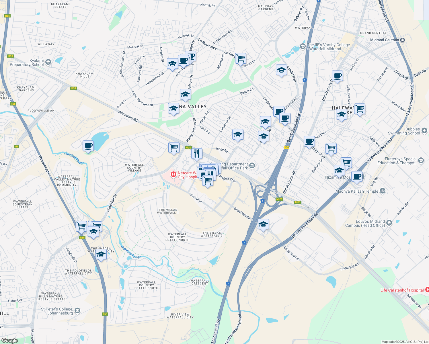 map of restaurants, bars, coffee shops, grocery stores, and more near Magwa Crescent in Midrand