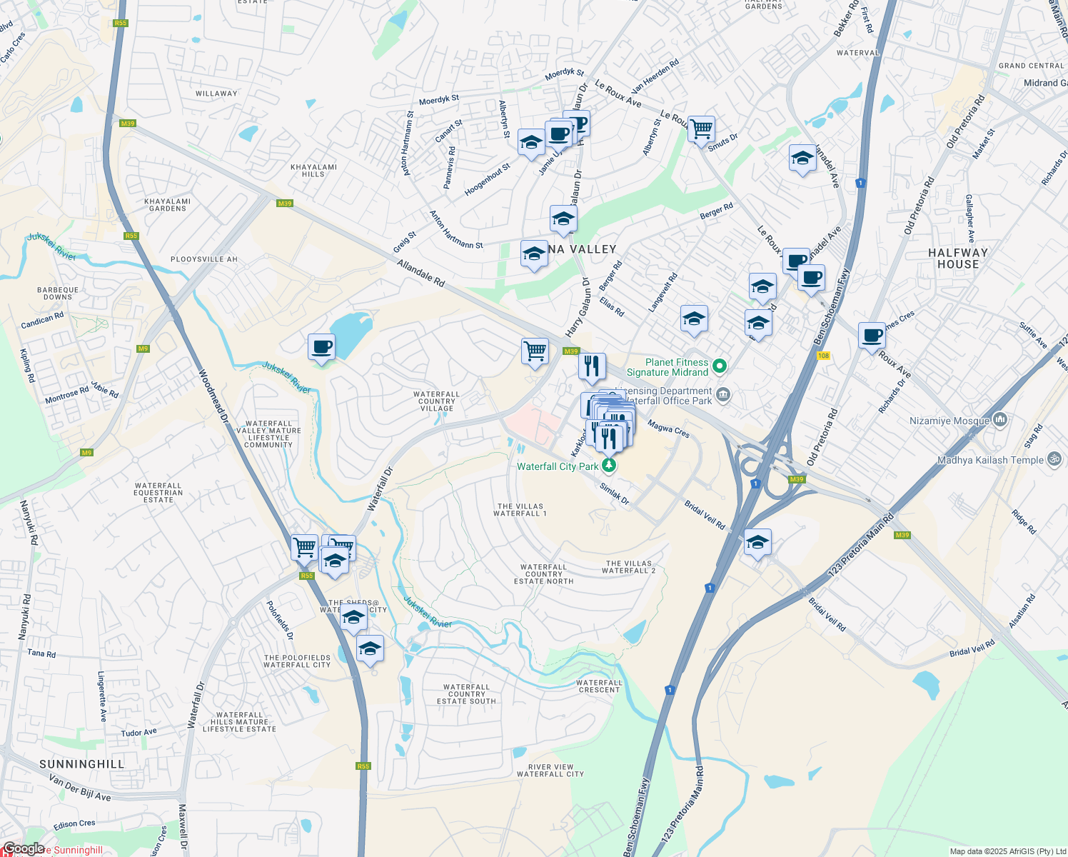 map of restaurants, bars, coffee shops, grocery stores, and more near Magwa Crescent in Midrand